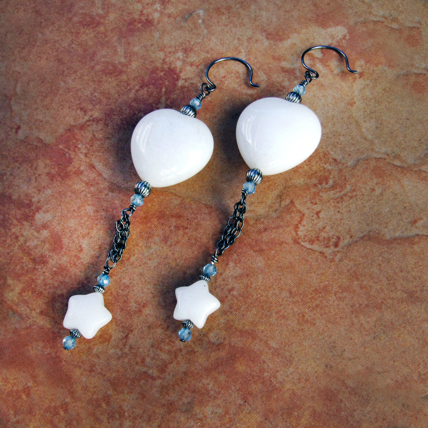 White Jade Gemstone Heart and Star, Blue Topaz, and Oxidized Sterling Silver Drop Earrings