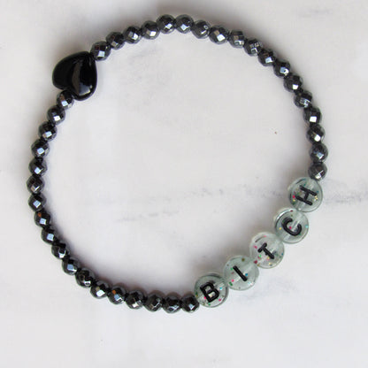 Black Hematite and Onyx gemstone Heart “BITCH PLEASE” stretch bracelet