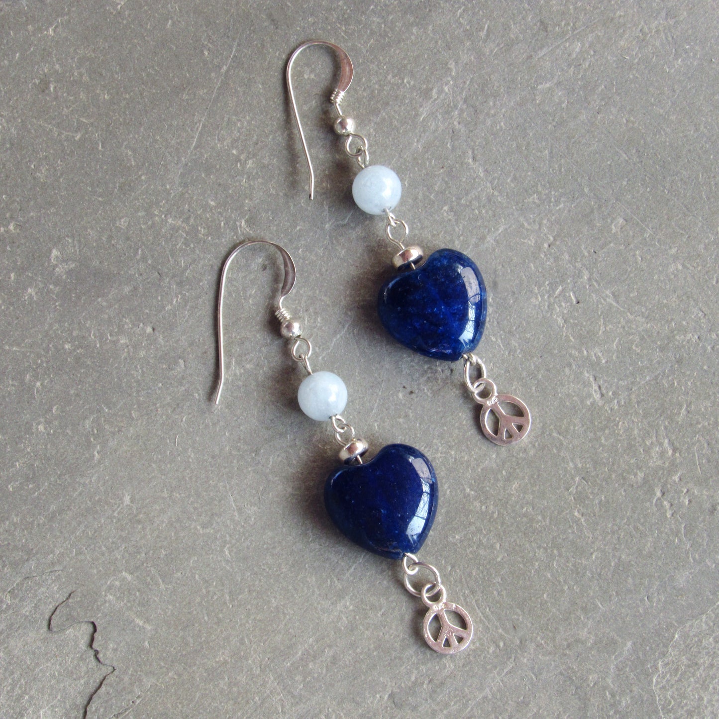 Blue Agate gemstone Hearts, Sterling Silver Peace Signs, Aquamarine, Sterling Silver Drop Earrings
