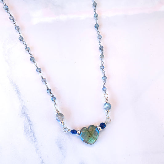 Labradorite, Blue Sapphires gemstones, and Sterling Silver necklace