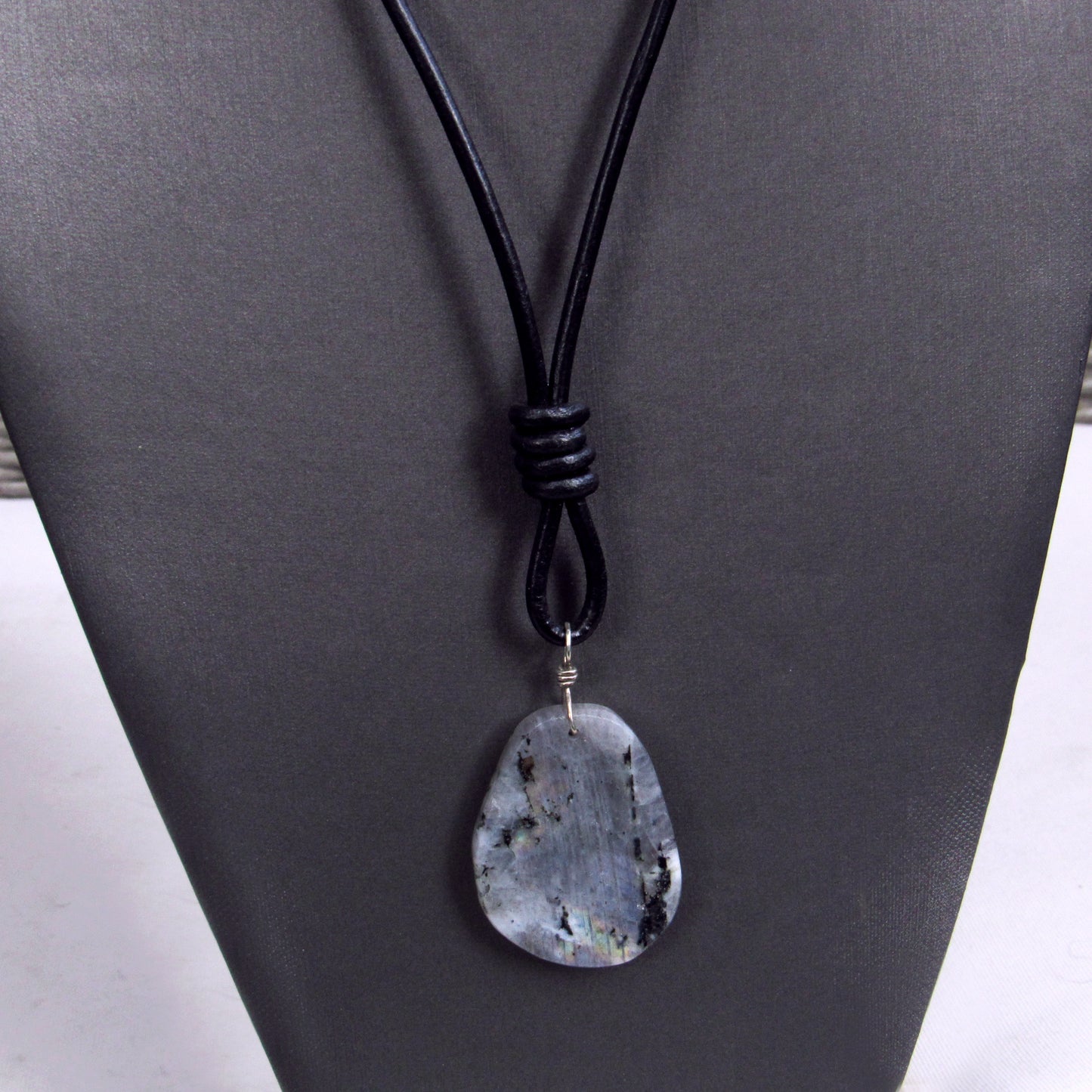 Labradorite gemstone hand Wrapped with Sterling Silver Hand Knotted on Black Leather Necklace