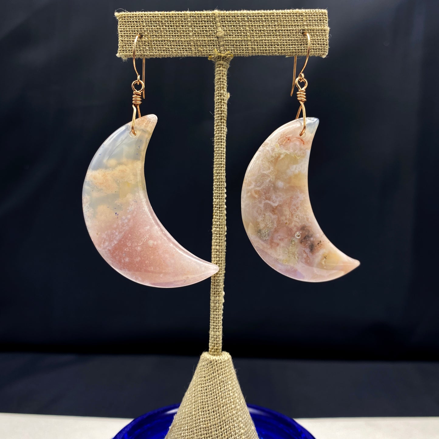 Large Natural Sakura Agate Moons with 14 Kt Rose Gf Drop Earrings