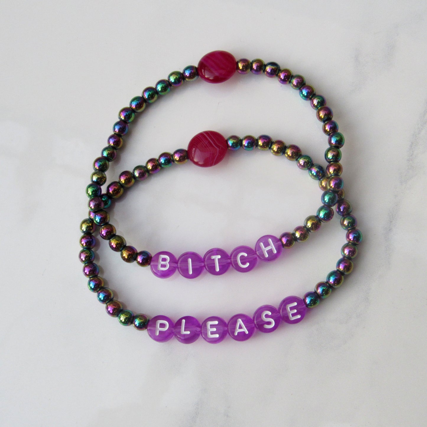 Rainbow Hematite and Pink Agate “Bitch Please” stretch Bracelet