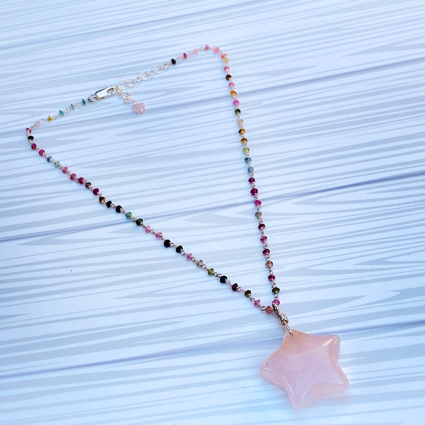 Rose Quartz Star on Mixed Tourmaline and Sterling Silver