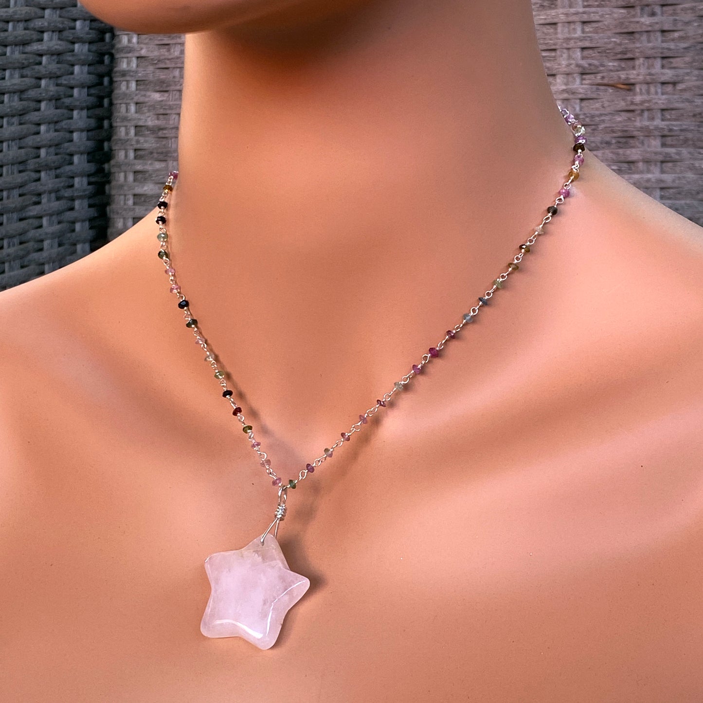 Rose Quartz Star on Mixed Tourmaline and Sterling Silver