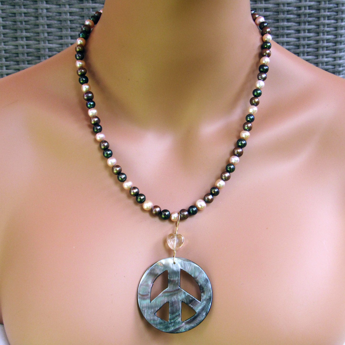 Abalone Peace Sign Hand Wrapped w/ 14 kt gf w/ Citrine Heart on Freshwater Pearls