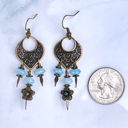 Aquamarine gemstone  and brassChandelier Earrings