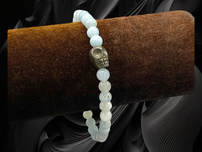 Aquamarine gemstones and Pyrite Skull stretch Bracelet