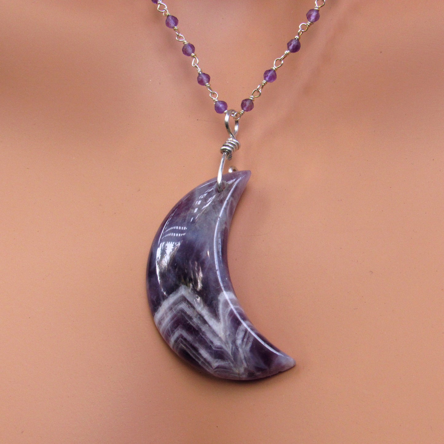Amethyst Moon on sterling silver wrapped amethyst chain necklace