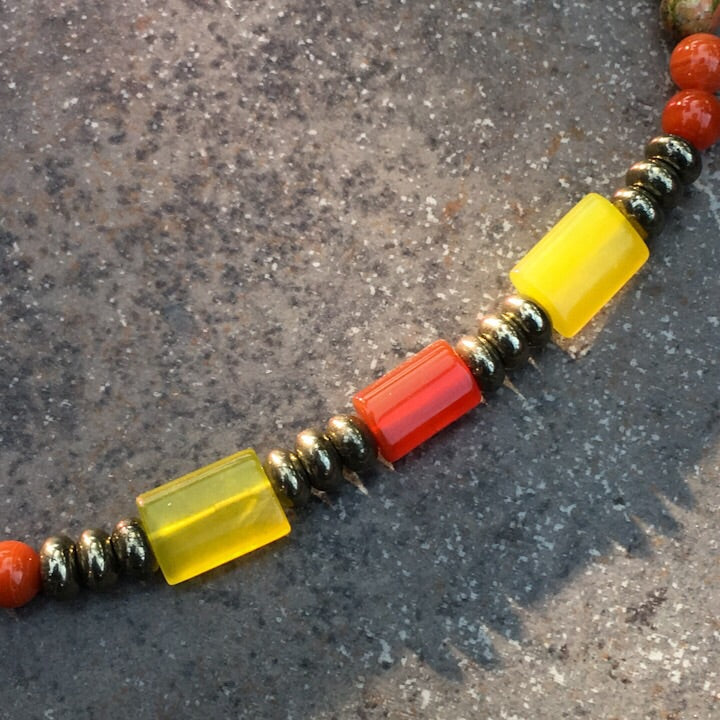 Men's Carnelian, Jade, Unakite and Pyrite Gemstone Necklace