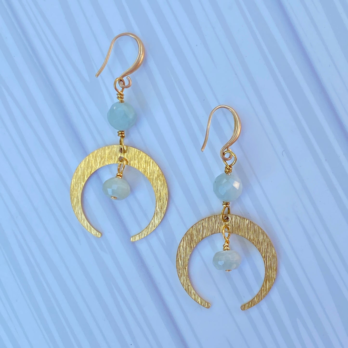 Aquamarine gemstone and brass Moon Earrings