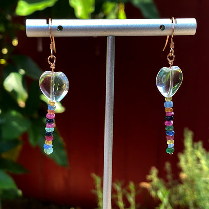 Clear Quartz hearts with precious stones Emeralds, Rubies, Sapphires drop earrings