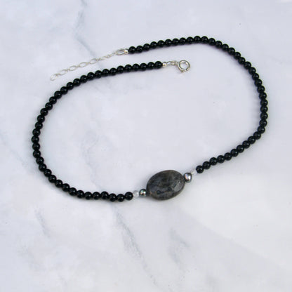 Labradorite, Clear Quartz, Onyx gemstone, Freshwater Pearl, Sterling Silver Choker Necklace