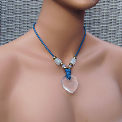 Clear Quartz & Rose Quartz gemstones with Brass on Blue Leather Necklace