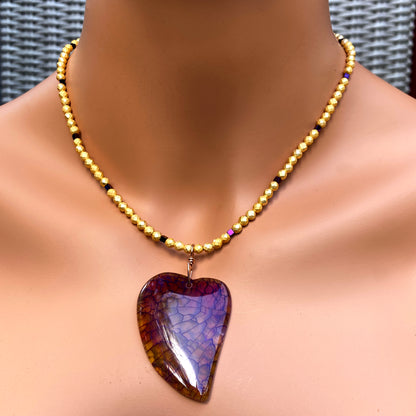 Dragon’s Vein Heart Pendant on Gold & Purple Hematite and 14 Kt GF Clasp