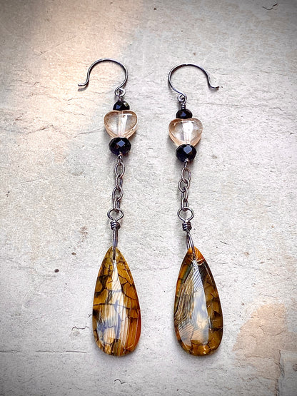 Citrine Hearts, Yellow Dragon’s Vein Agate, Black Spinel, and Oxidized Sterling Drop Earrings