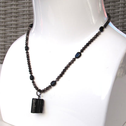Silver Obsidian and Black Tourmaline gemstone Necklace