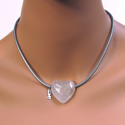 Clear Quartz gemstone with Sterling Silver Love on Metallic Leather Necklace