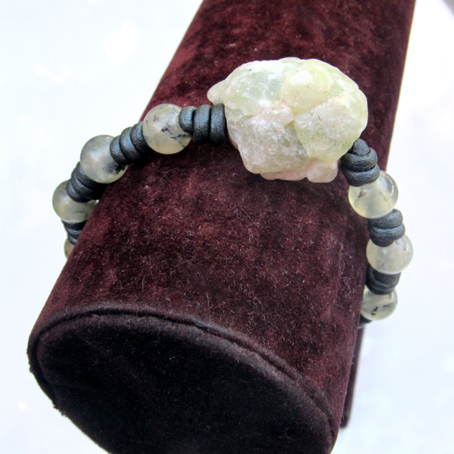 natural Prehnite gemstone on hand knotted leather bracelet