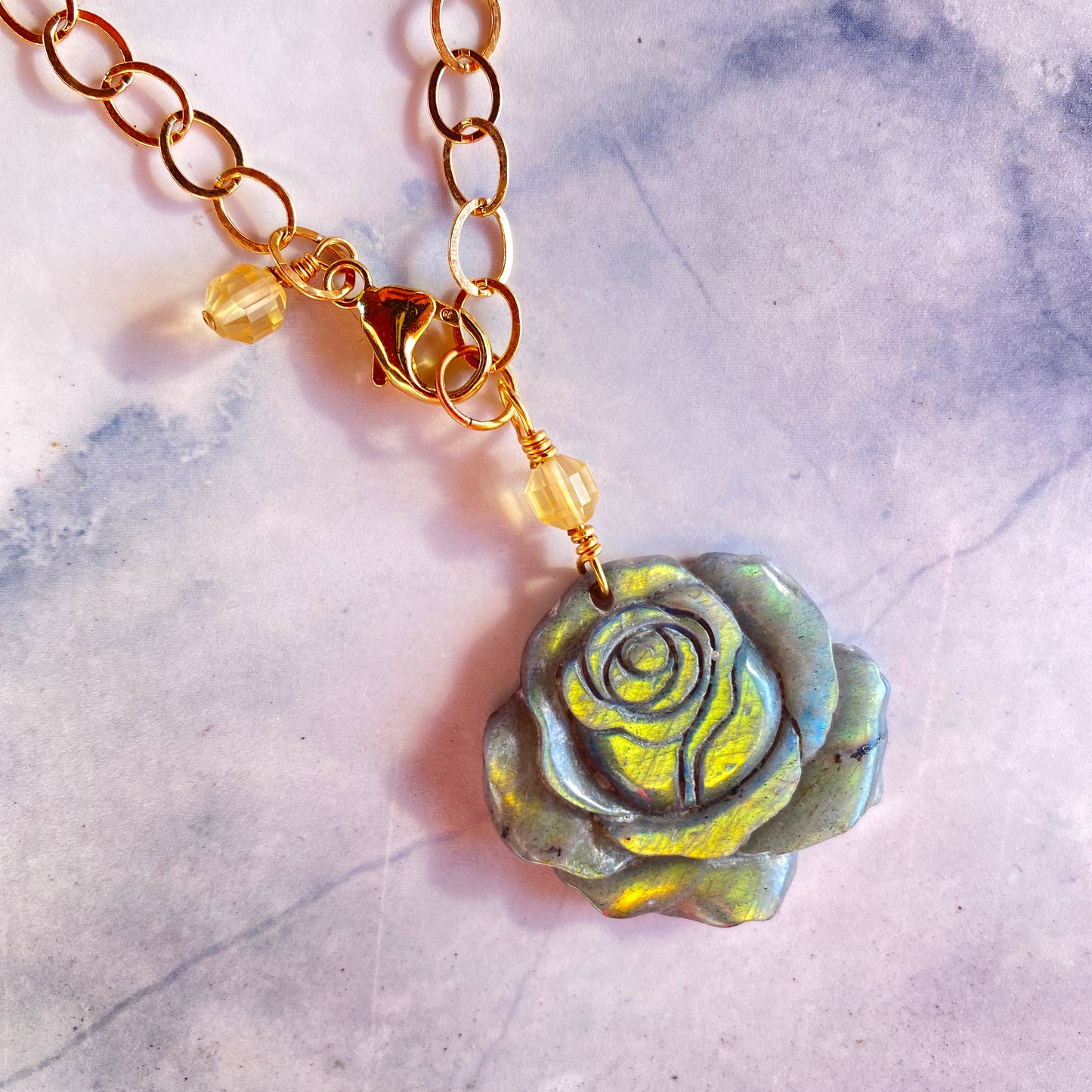 Labradorite gemstone carved Rose pendant on 14 kt Gold Necklace