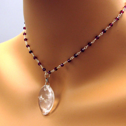 Clear Quartz Heart on Garnet Wrapped Sterling Silver Chain Necklace