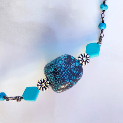Turquoise gemstones and silver Flower Sterling Silver Necklace