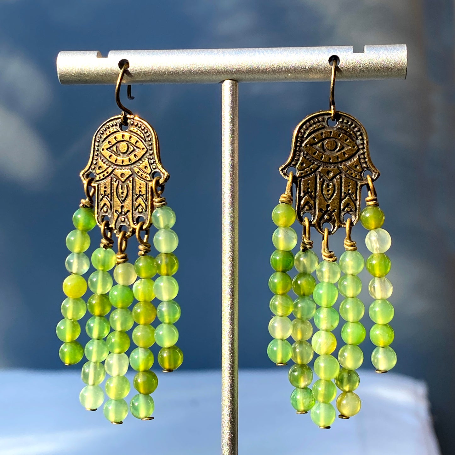 Green Agates gemstones on a Brass Hamsa Earrings