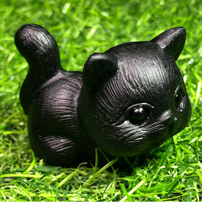 Natural Black Obsidian gemstone carved Kitty Cat Figurine
