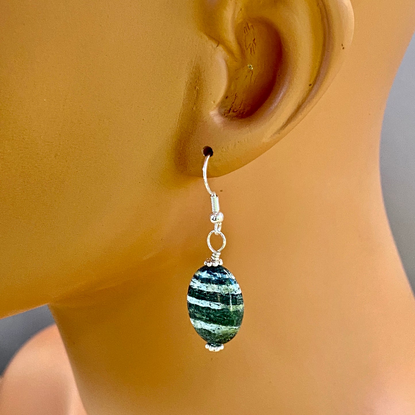 Green Zebra Jasper Gemstone and Sterling Silver Drop Earrings