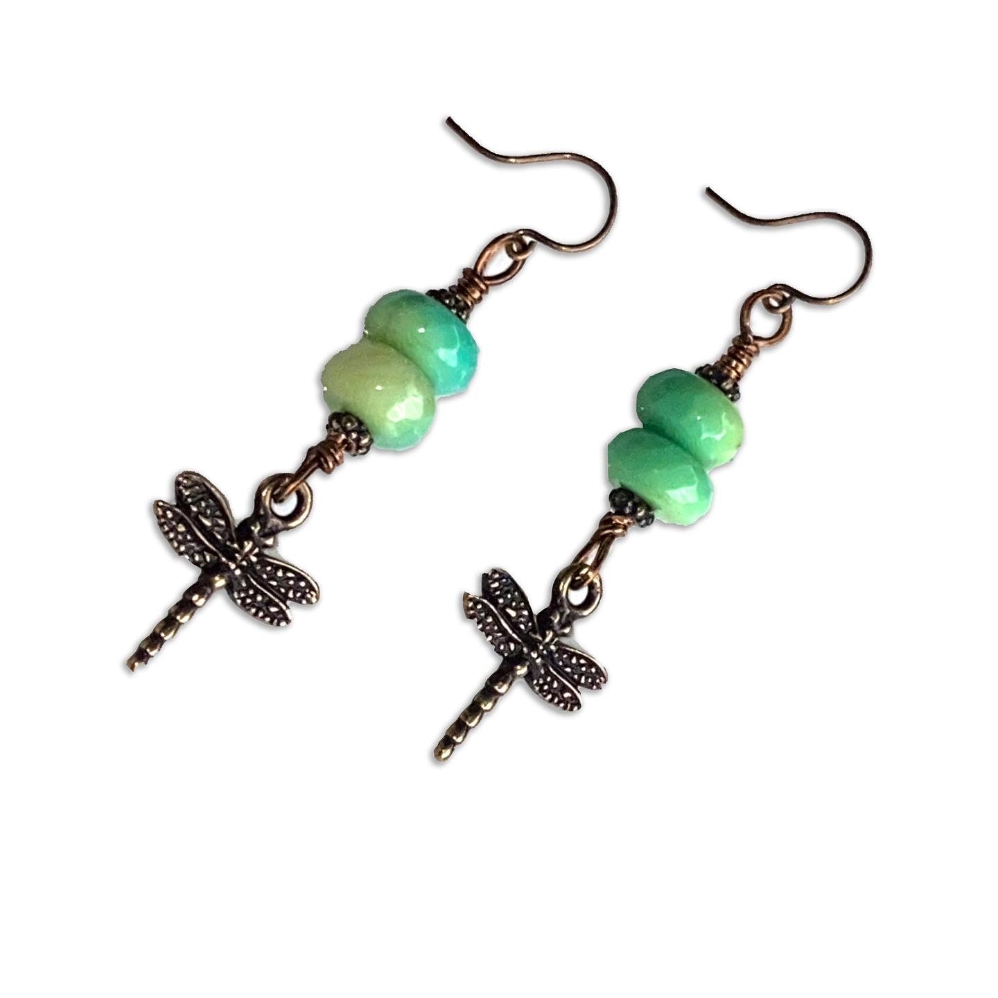 Brass Dragonfly and Green Opal gemstone Drop Earrings