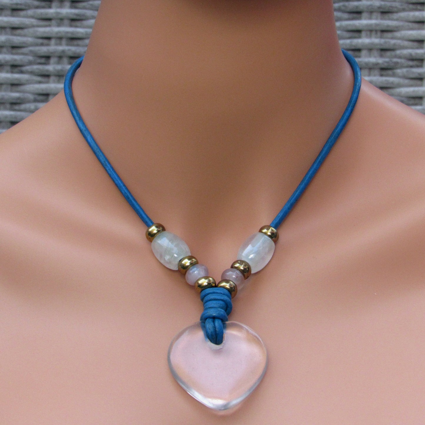 Clear Quartz & Rose Quartz gemstones with Brass on Blue Leather Necklace