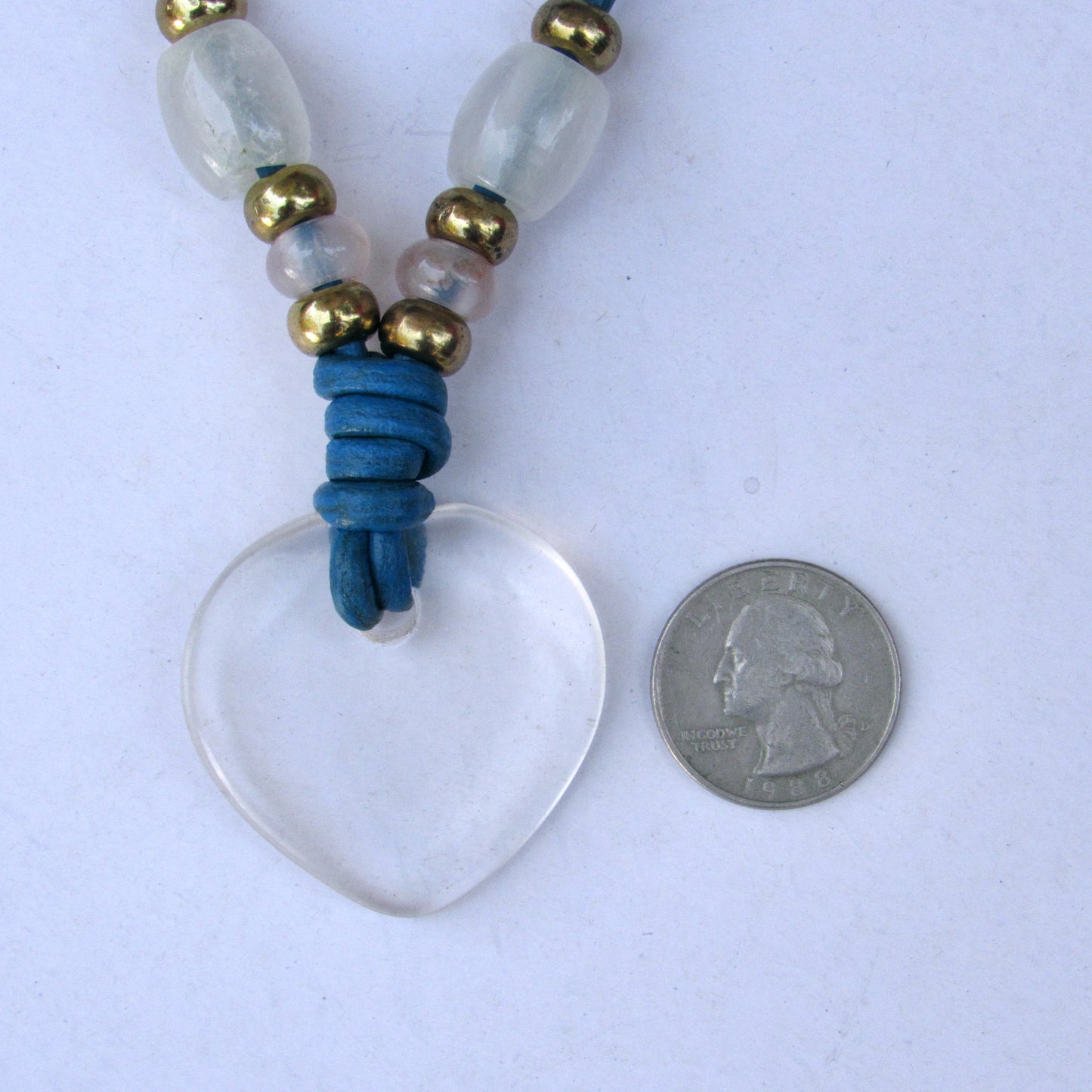 Clear Quartz & Rose Quartz gemstones with Brass on Blue Leather Necklace