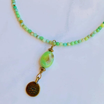 Green Opal gemstone and brass Lotus pendant Necklace