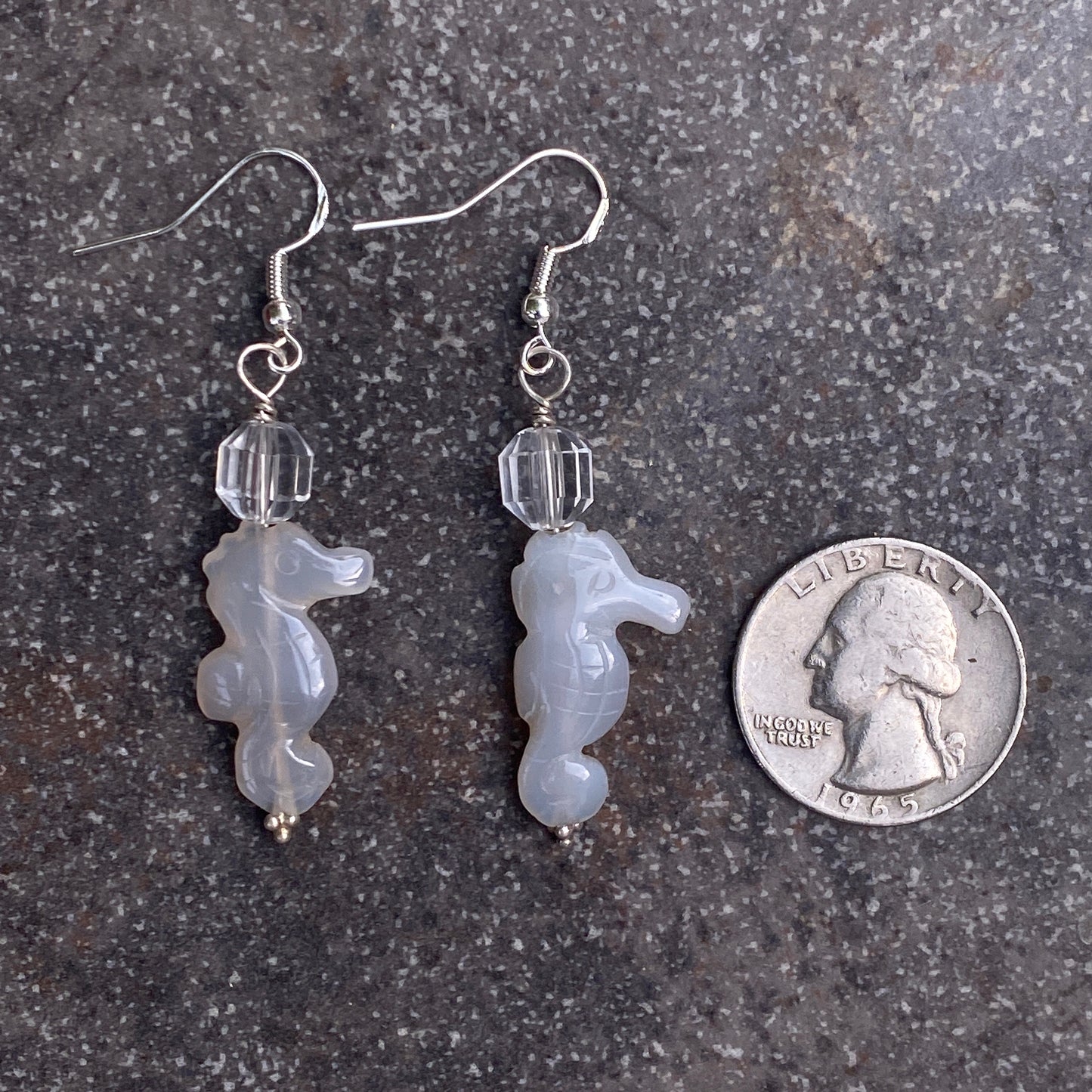 Grey Agate gemstone Seahorses, Clear Quartz, and Sterling Silver Drop Earrings