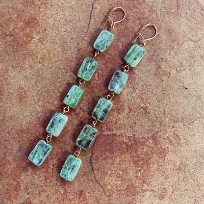 Green Kyanite Gemstone and 14 kt gold filled long drop earrings