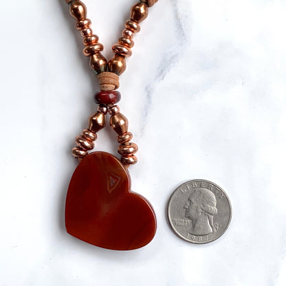 Red Agate gemstone Heart, Red Jasper, and Copper Boho Leather Necklace