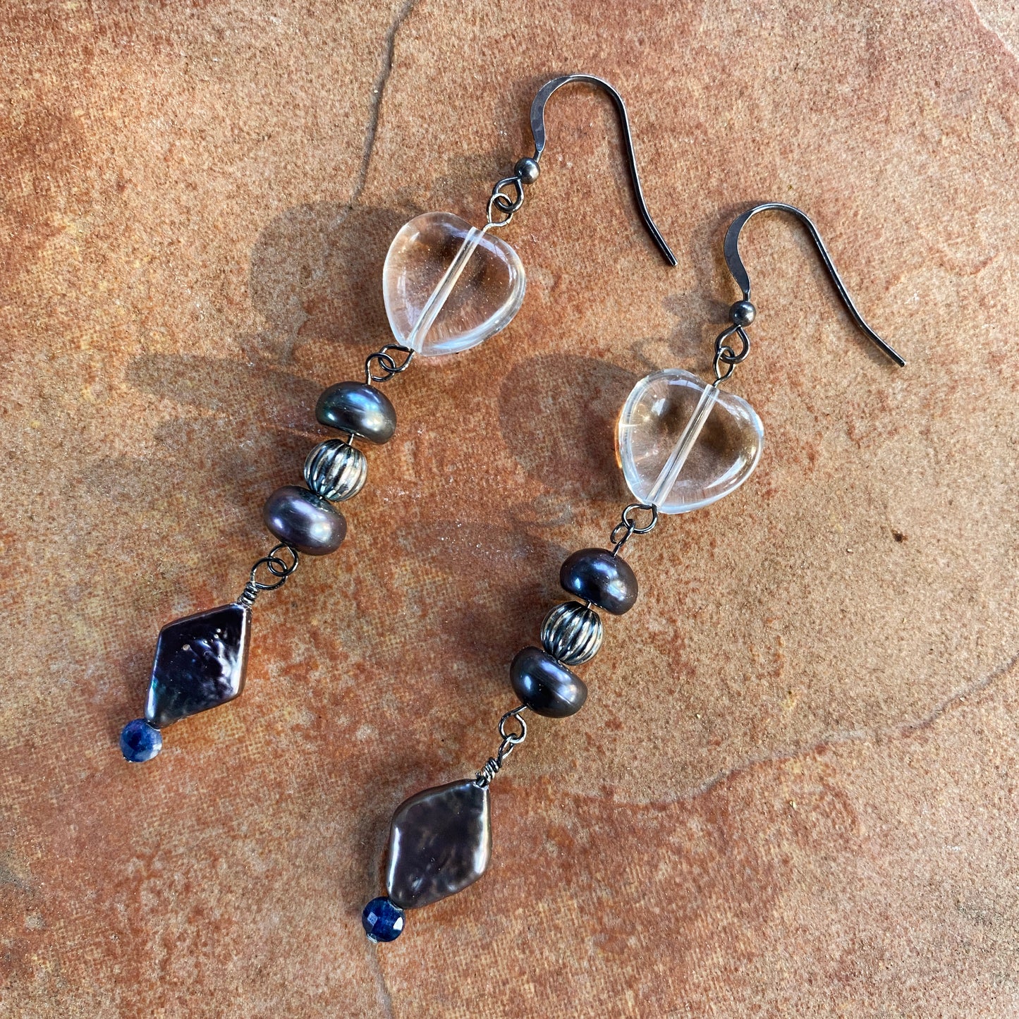 Sterling silver, fresh water pearl, clear quartz heart, Blue sapphire Drop earrings