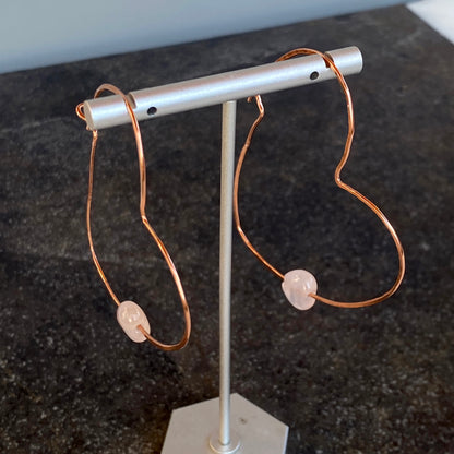 Rose Quartz Hearts on Copper Heart Hoop Earrings