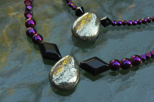 Women's pyrite, black agate, and hematite layered necklace