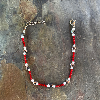 Coral, hematite heart and moonstone gemstone sterling silver anklet