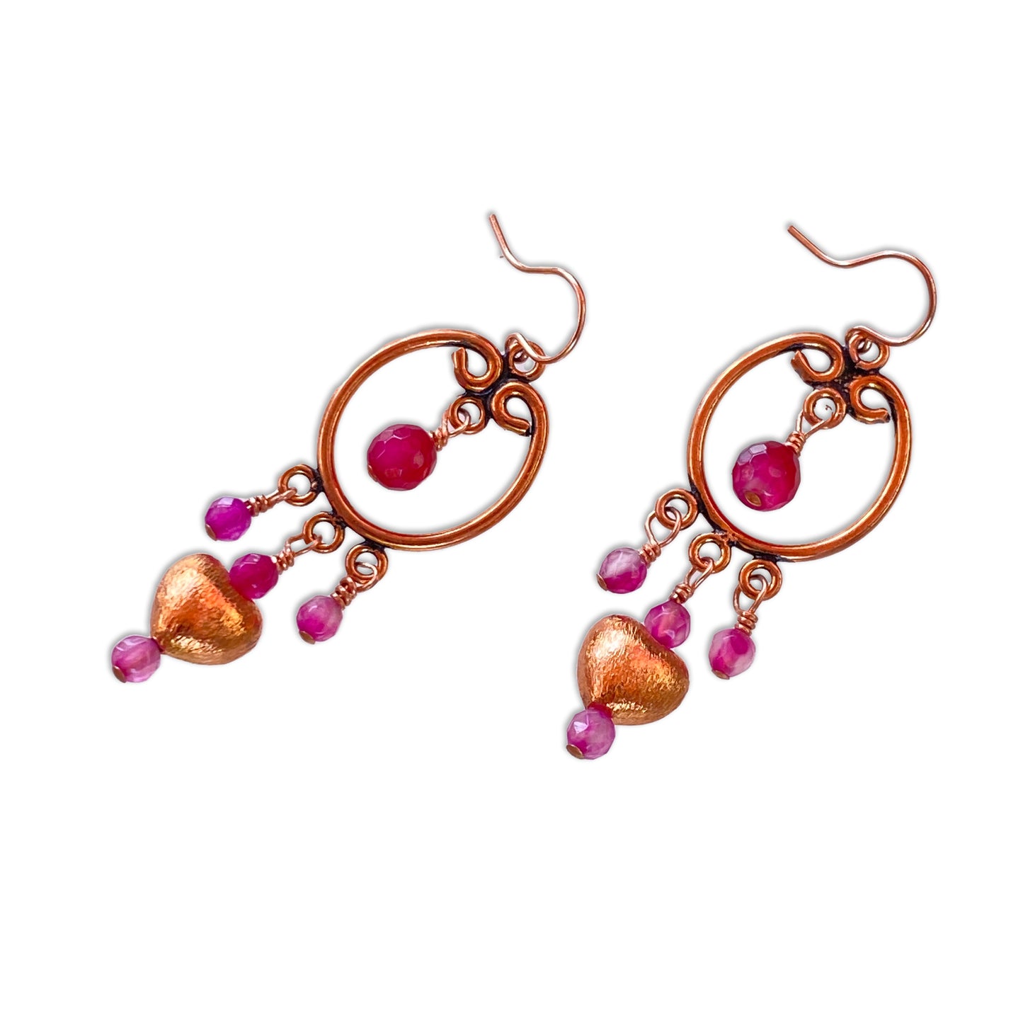Pink agate and copper heart drop earrings