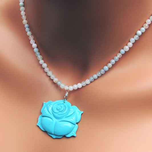 Howlite gemstone Blue Rose on Aquamarine Beaded Necklace w/ Sterling Silver