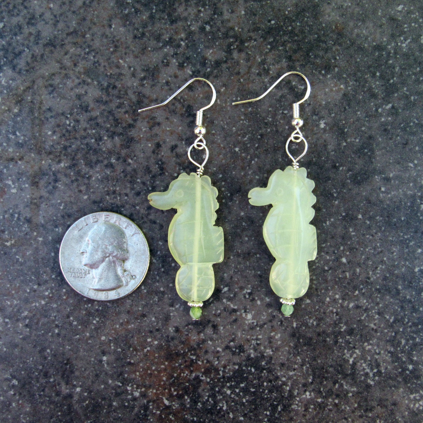 New Jade Gemstone Seahorse and Apatite w/ Sterling Silver Drop Earrings