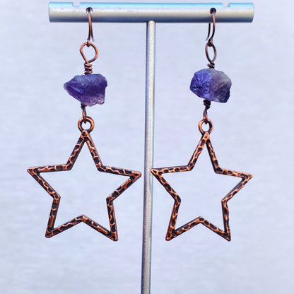 Amethyst gemstone stars and copper Star Earrings