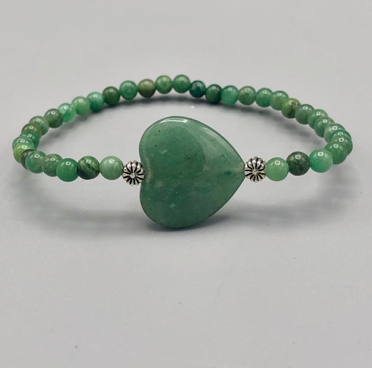 Aventurine Gemstone Heart, Sterling Silver, and Green African Jade Bracelet