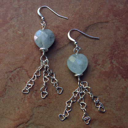 Aquamarine Gemstone Hearts with Sterling Silver Heart Chain Drop Earrings