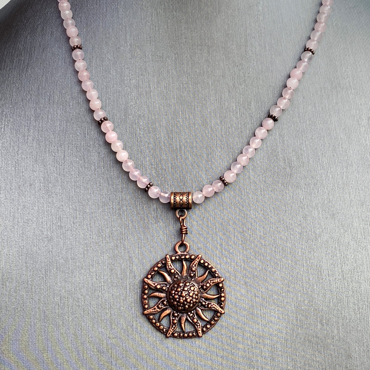 Rose Quartz gemstone  and copper Sun pendant beaded necklace