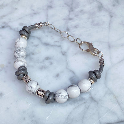 Women’s Howlite gemstone and Sterling Silver Bracelet on Leather