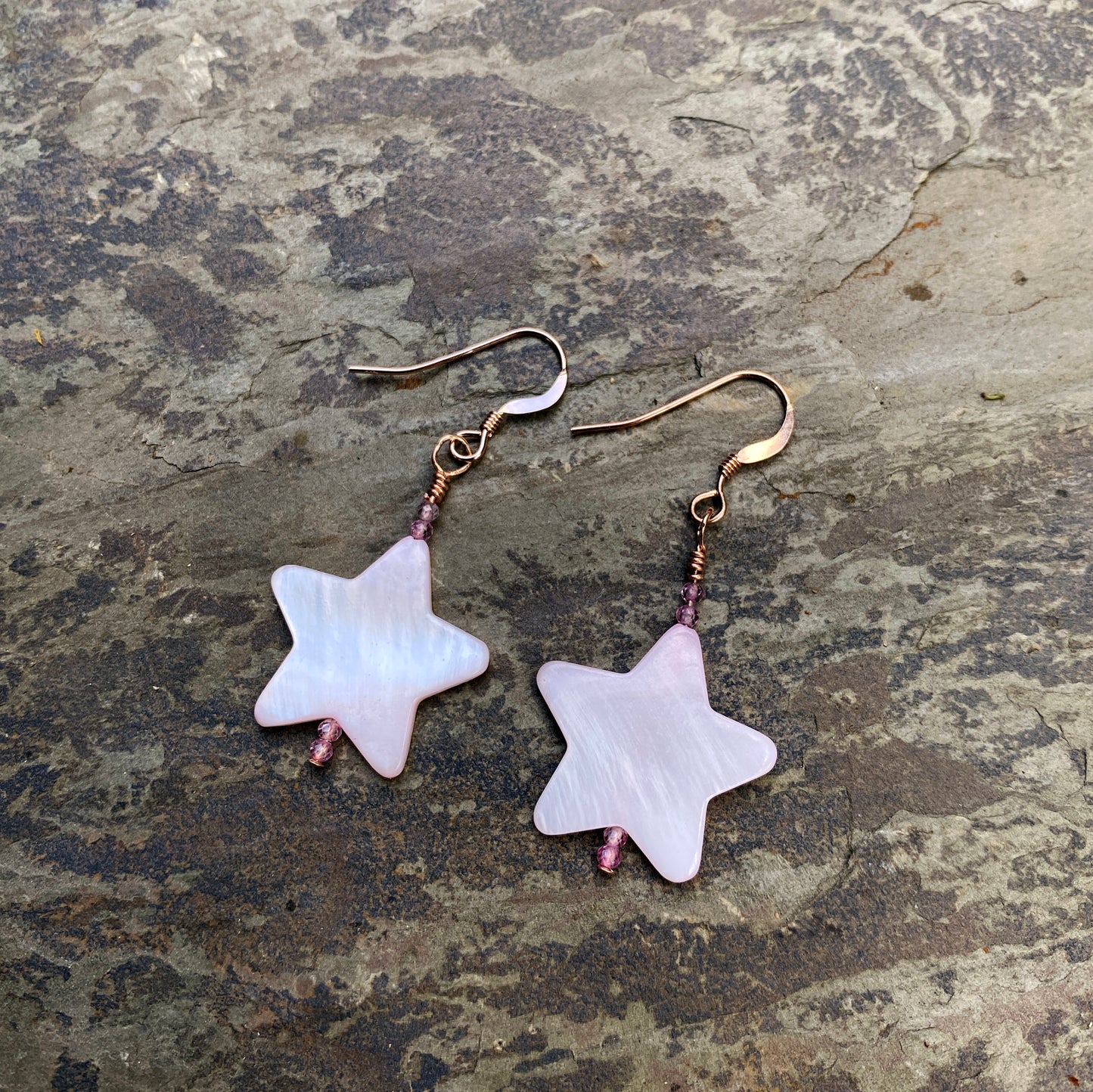 Mother of pearl star and pink topaz with 14 kt rose gold filled drop earrings