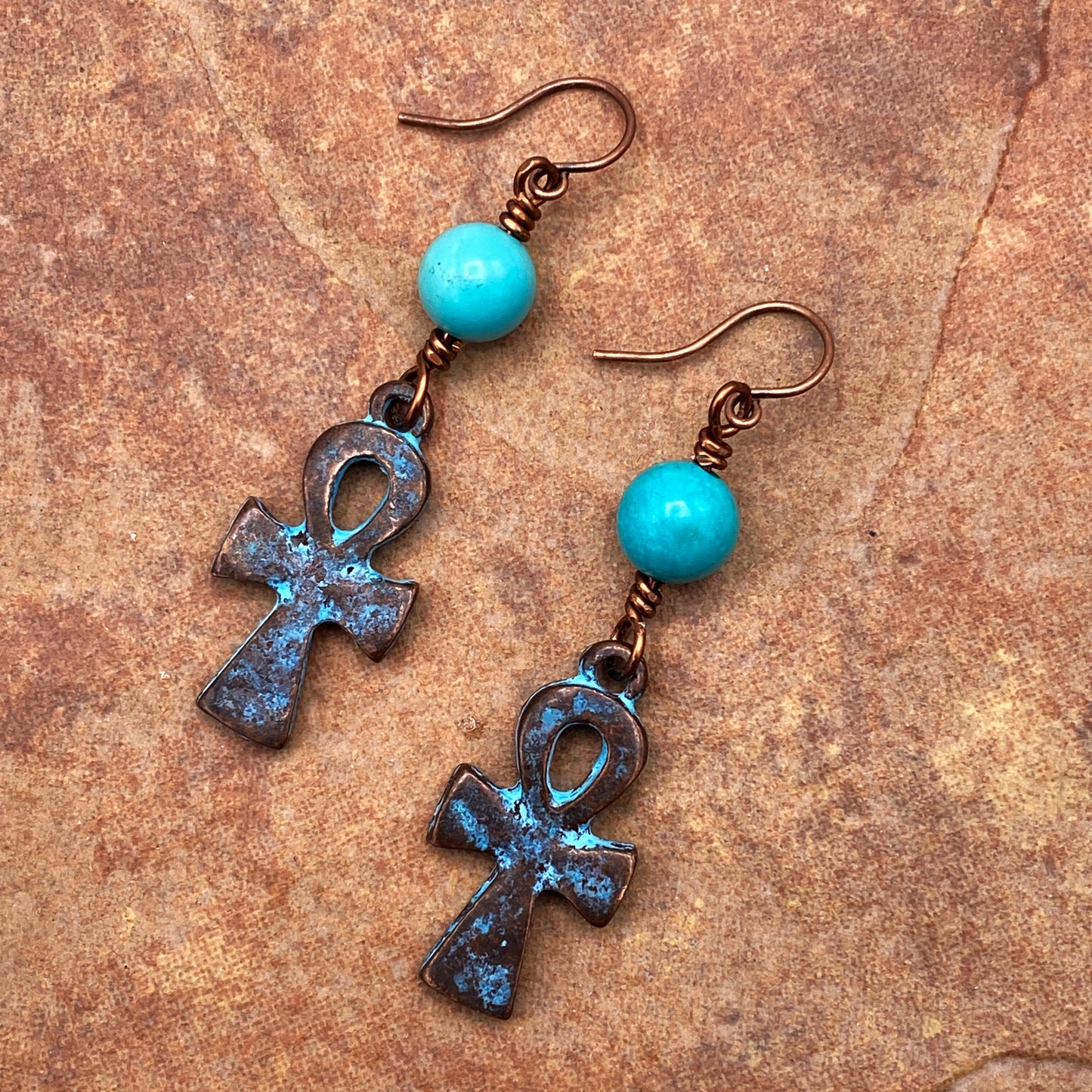 Turquoise and Copper Ankh Dangle Earrings